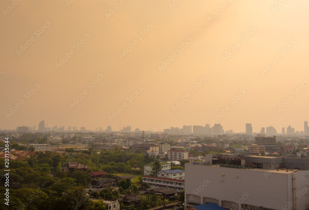 Bangkok City downtown cityscape urban skyline in the mist or smog. Wide and High view image of Bangkok city in the soft light