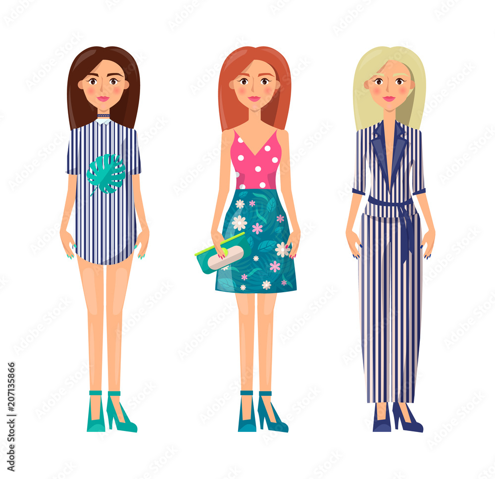 Young Modern Girls in Stylish Summer Clothes Set Young Modern Girls in Stylish Summer Clothes Set