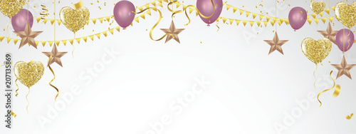 Colorful Happy Birthday. Announcement greeting card in a flat style. Bright vector anniversary celebration banner