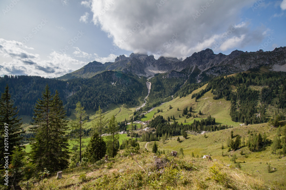 Panoramic view of Dachstein mountain in  Salzkammergut, Austria near Filzmoos in a beautiful summer day