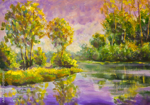 Violet warm sunset dawn over the lake. Rural summer landscape. Trees are reflected in water, a river, a pond. Fragment of oil painting.