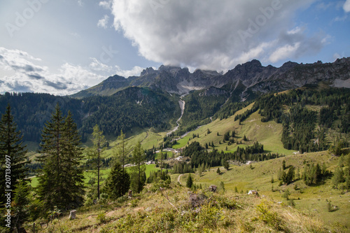 Panoramic view of Dachstein mountain in Salzkammergut, Austria near Filzmoos in a beautiful summer day