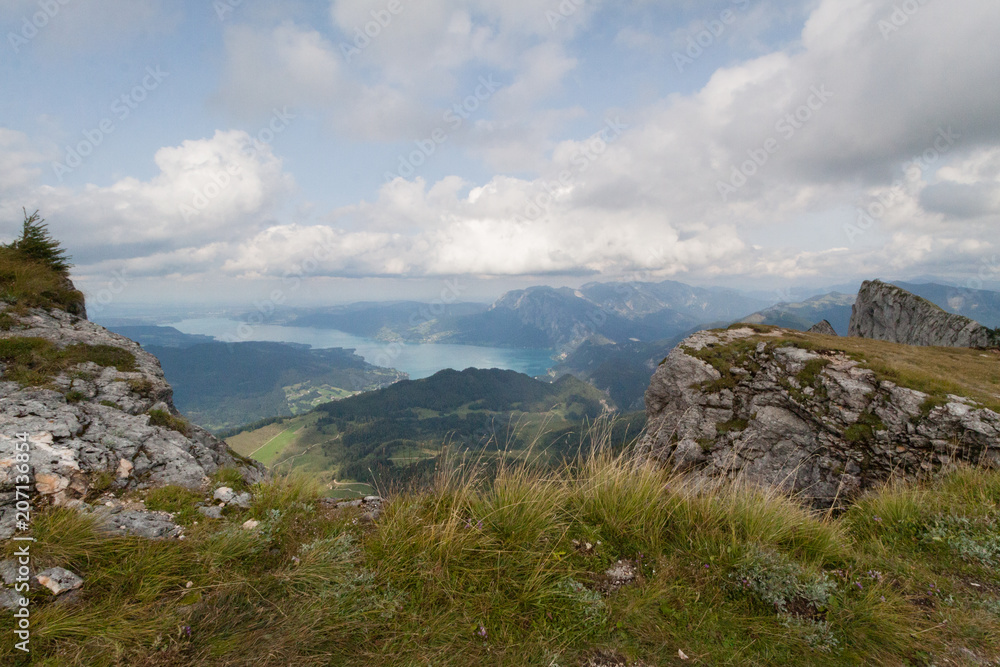 Panoramic view of mountains from Schafberg peak in  Salzkammergut, Austria in a beautiful summer day