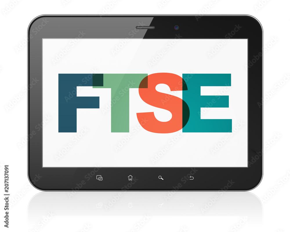 Stock market indexes concept: Tablet Computer with Painted multicolor text FTSE on display, 3D rendering Stock market indexes concept: Tablet Computer with Painted multicolor text FTSE on display, 3D rendering