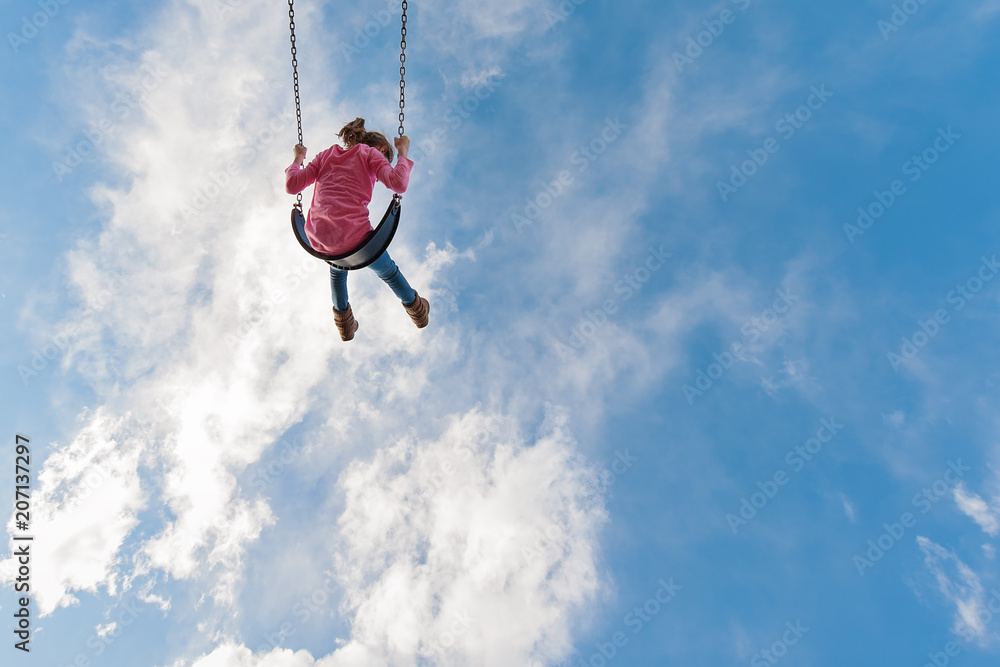 swing, childhood, clouds, swinging into the clouds, girl, colorful, girl on swing