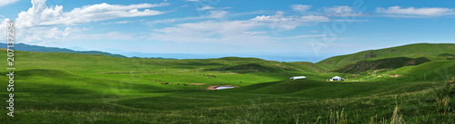 Panoramic view of beautiful green hills with little pond and horses in the pasture