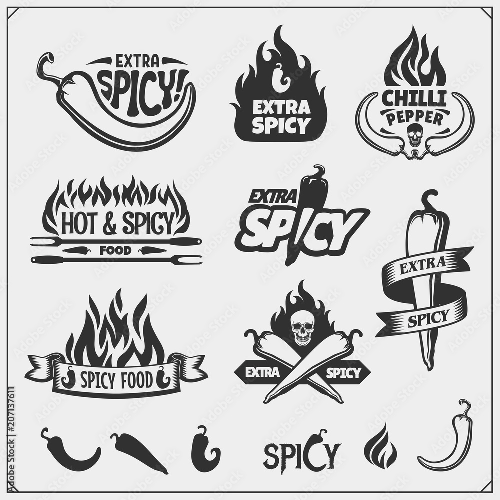 Chili pepper set. Pepper icons, emblems and design elements.