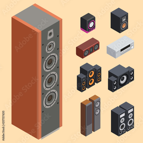 Home isometric sound system stereo acoustic 3d vector music loudspeakers player subwoofer equipment technology.