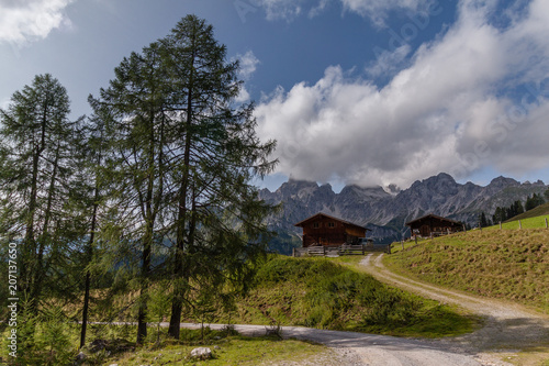 Panoramic view of Dachstein mountain in Salzkammergut, Austria near Filzmoos in a beautiful summer day