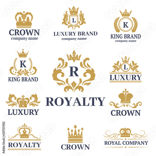 Crown king vintage premium white badge heraldic ornament luxury kingdomsign vector illustration.