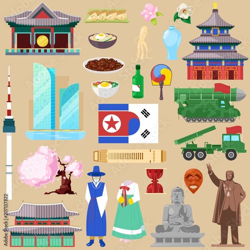 Korea vector korean traditional culture symbol of southkorea or northkorea country illustration tourism set of gyeongbokgung palace architecture and oriental cuisine isolated on background