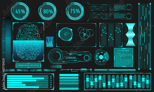 HUD Futuristic Secrity Fingerprint Scan Elements System Control Interface Panel Vector 