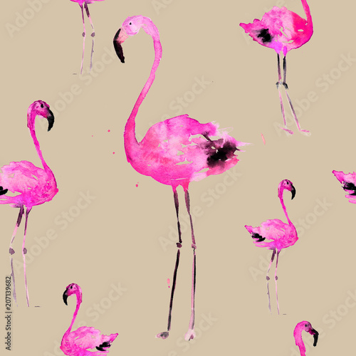 Hand Drawn Illustration With Flamingo. Exotic Summer Beach Motif. Swimwear Design, Wrapping, Background, Wallpaper, Fabric. Hawaiian Print. Jungle Birds Repeated Ornament. Aloha. Boho. Africa.