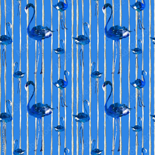 Hand Drawn Illlustration With Flamingo and Stripes. Exotic Summer Beach Motif. Swimwear Design, Wrapping, Background, Wallpaper, Fabric. Hawaiian Print. Jungle Birds Repeated Ornament. Africa.