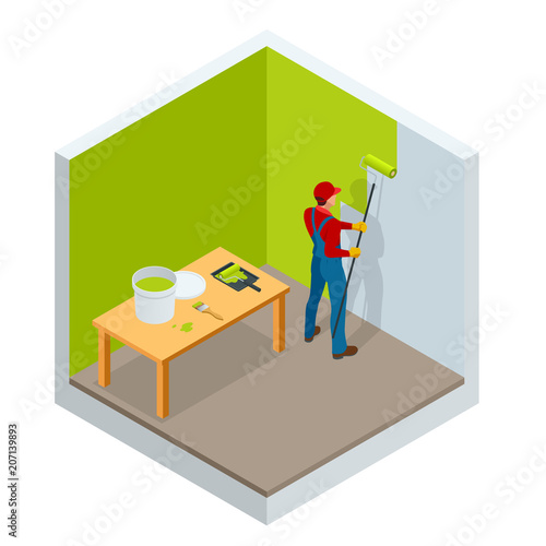 Isometric roller brush painting, worker painting on steel surface wall by the roller brush for protection and corrosion. Construction building industry, new home, interior. Vector illustration
