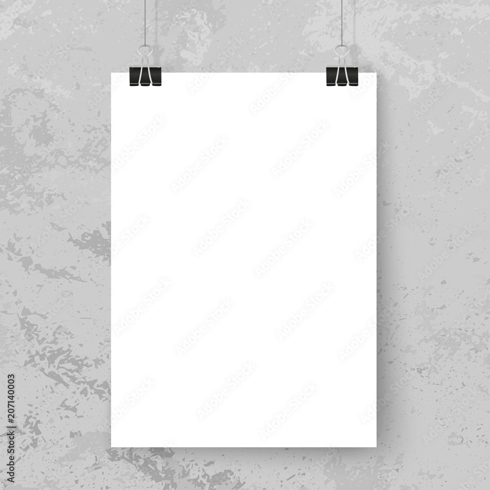 Poster binder clips. Simple poster mock up on grey grunge wall. Vertical  paper on binder clips. Place for text, photo, illusttation. Canvas. Flyer.  Business template. Stock Vector