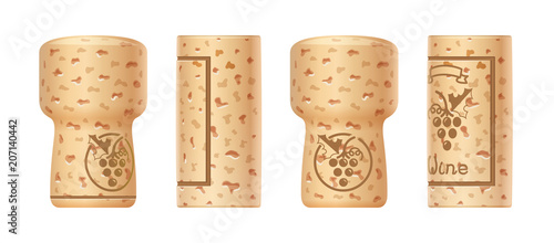 Grapes wine bottle cork. Set of Wooden taps. Isolated on white