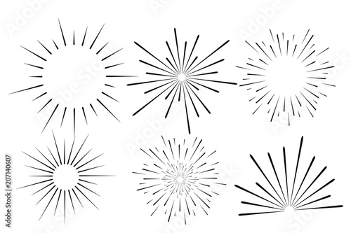 Abstract festive firework shape. Burst light rays. Exploding graphic element. Isolated on white background. Vector