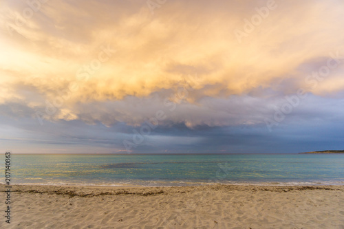 Mallorca, Stormy shiny sky cloudscape at dawn at beach