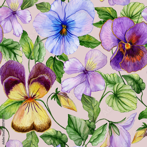 Beautiful large vivid viola flowers with green leaves on beige background. Se...