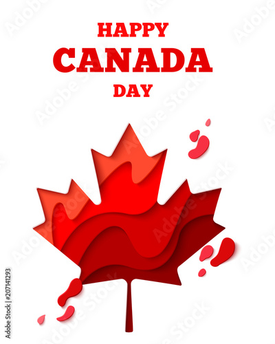 Happy Canada Day vector holiday background with red paper cut canada maple leaf. 1th of July celebration paper craft banner