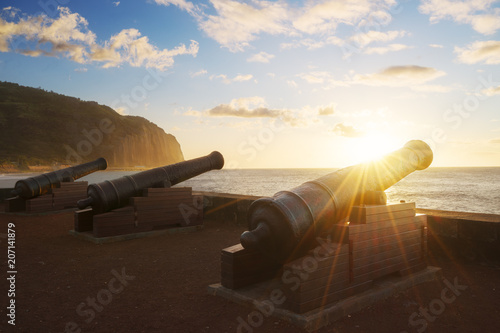 Sunset through cannons in Saint-Denis in Reunion Island