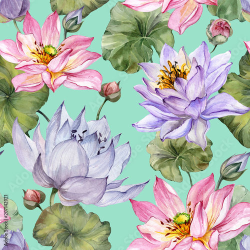 Beautiful floral seamless pattern. Large pink and purple lotus flowers with leaves on turquoise background. Hand drawn illustration. Watercolor painting.