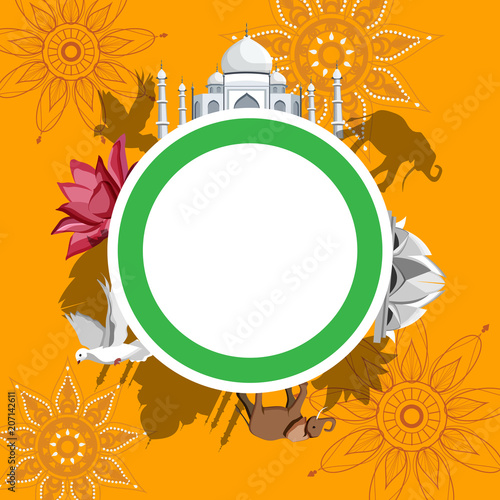 Round India background with Taj Mahal and Lotus Temple.
