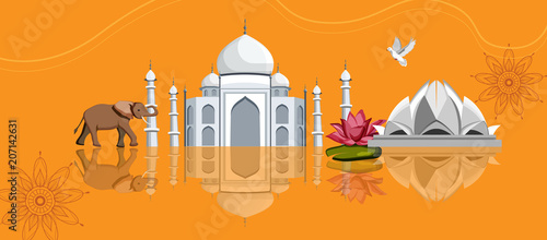 India background with Taj Mahal, Lotus Temple and elephant.