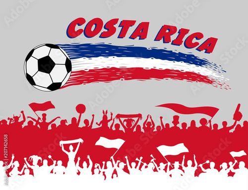 Costa Rica flag colors with soccer ball and Costa Rican supporters silhouettes