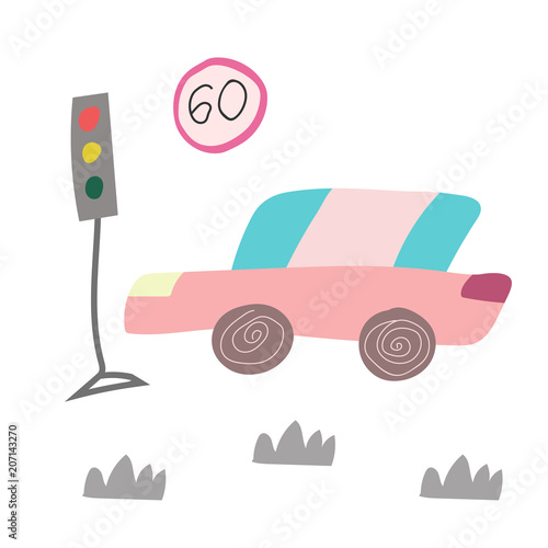 hand drawn car on the road. Scandinavian style for kids. Cartoon illustration