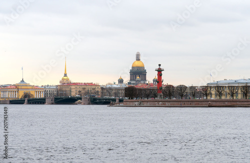 Old Saint Petersburg Stock Exchange and Rostral Columns on the Spit of Vasilievsky Island.