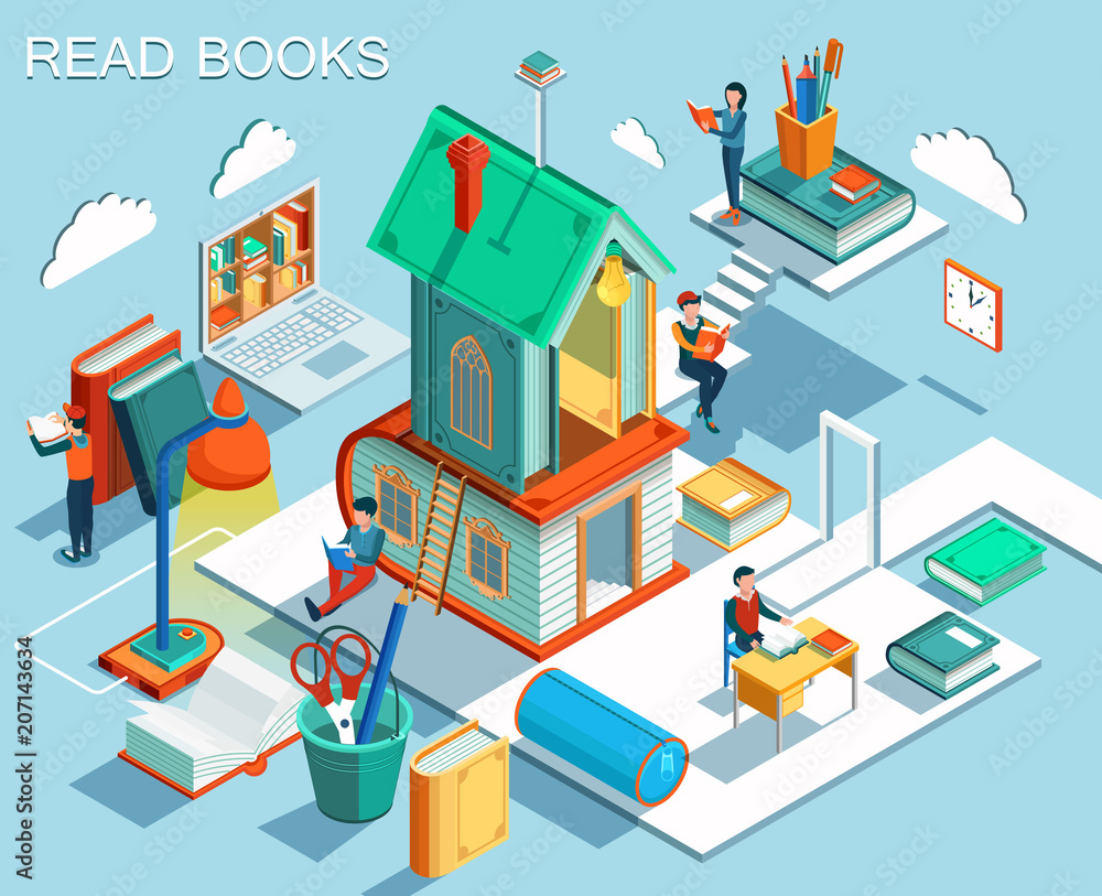 The concept of reading books and learning in the library.Isometric flat design. Vector illustration