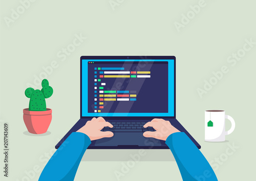 Man programmer working on computer with code on screen illustration.