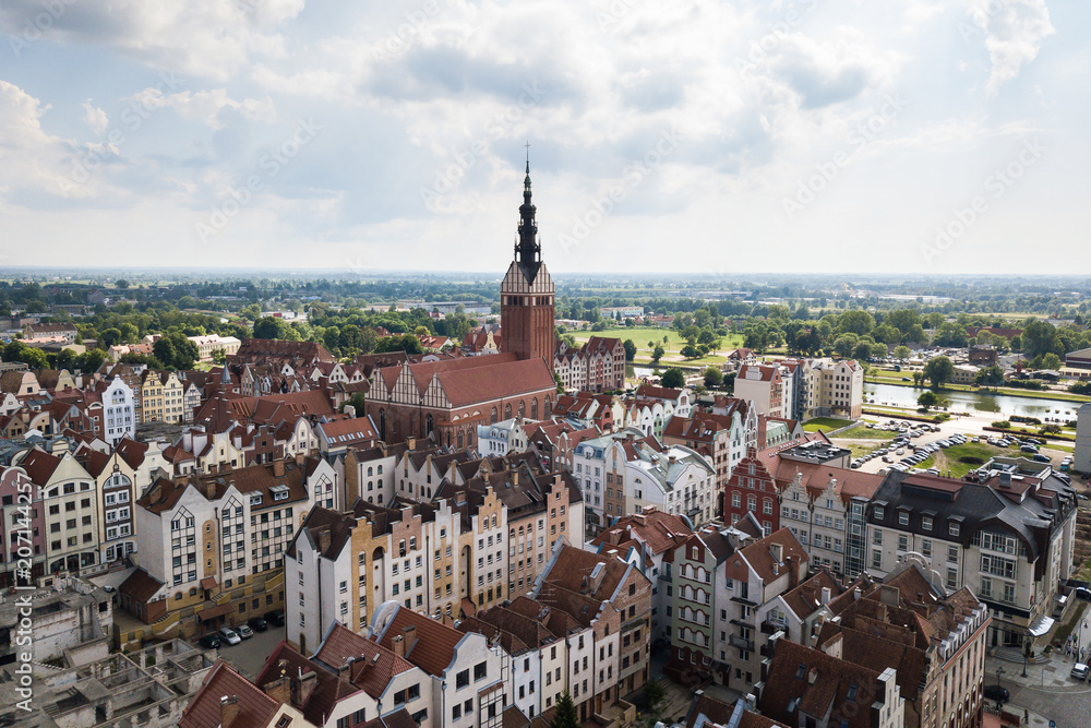 Aerial: The old town of Elblag, Poland