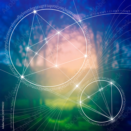 Interlocking circles and triangles hipster sacred geometry illustration with golden ratio digits in front of photographic background.