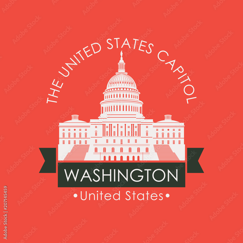 Vector travel banner or logo. US National Capitol in Washington DC, USA. American landmark in retro style on red background. The Western facade of the Capitol