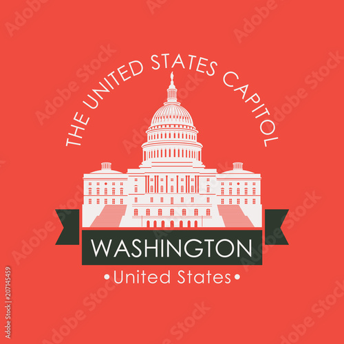 Vector travel banner or logo. US National Capitol in Washington DC, USA. American landmark in retro style on red background. The Western facade of the Capitol