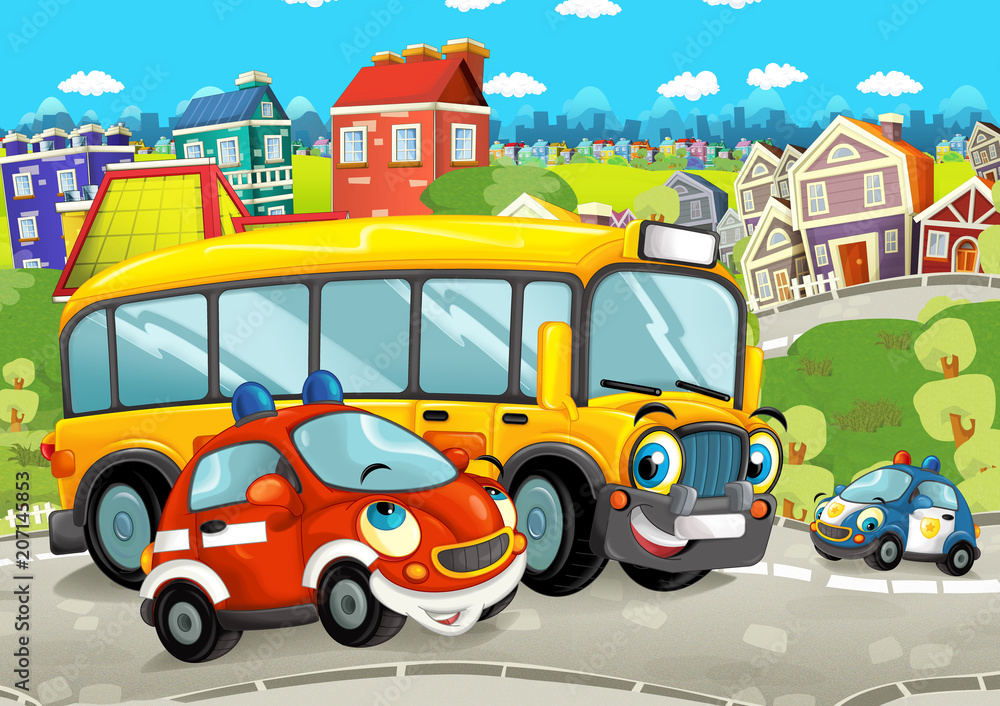 cartoon scene with happy cars on the street driving through the city - illustration for children cartoon scene with happy cars on the street driving through the city - illustration for children