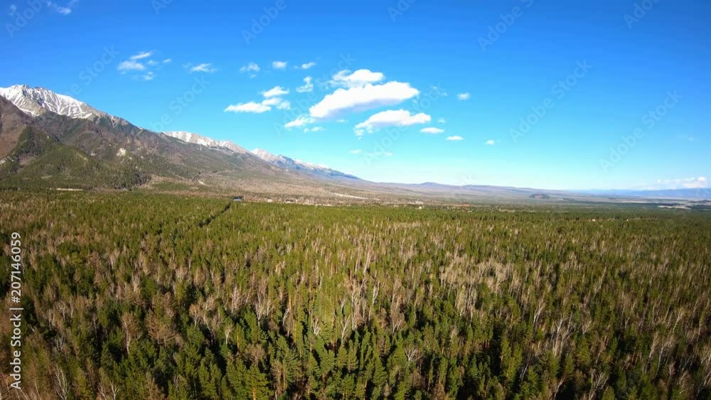 Aerial View. Camera moves forward over the forest. Mountain landscape. Siberia Aerial View. Camera moves forward over the forest. Mountain landscape. Siberia