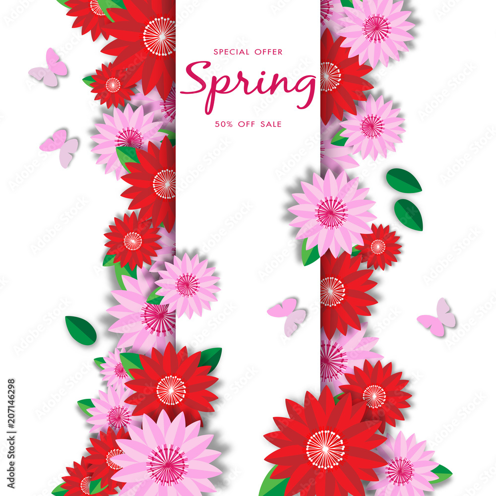 Spring sale background with beautiful flower, vector illustration template
