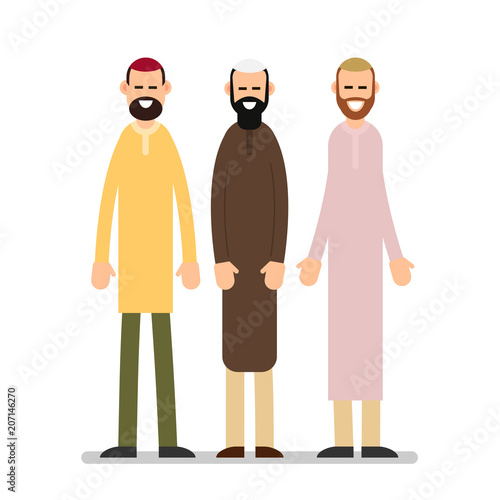 Two muslim arabic people standing together in different suit and traditional clothes. Illustration in flat style on white background. Isolated