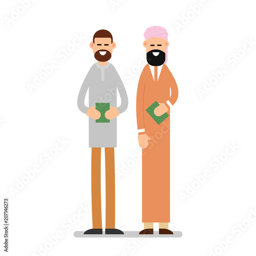 Two muslim arabic people standing together in different suit and traditional clothes and they hold in their hands the holy book of the Koran. Illustration in flat style on white background. Isolated