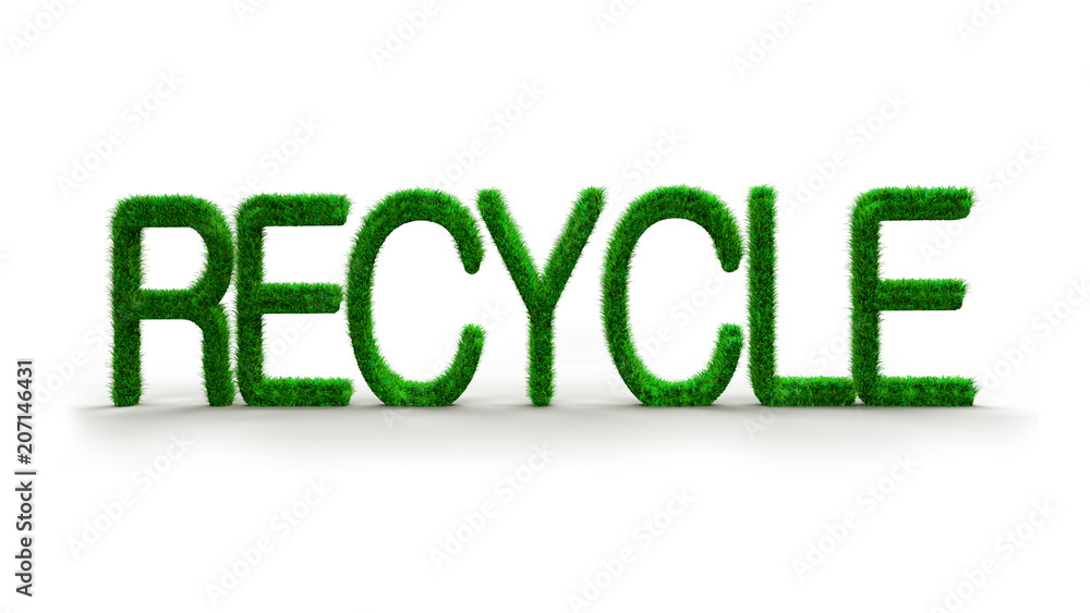 Green grass in RECYCLE word shape, 3D illustration. Green grass in RECYCLE word shape, 3D illustration.