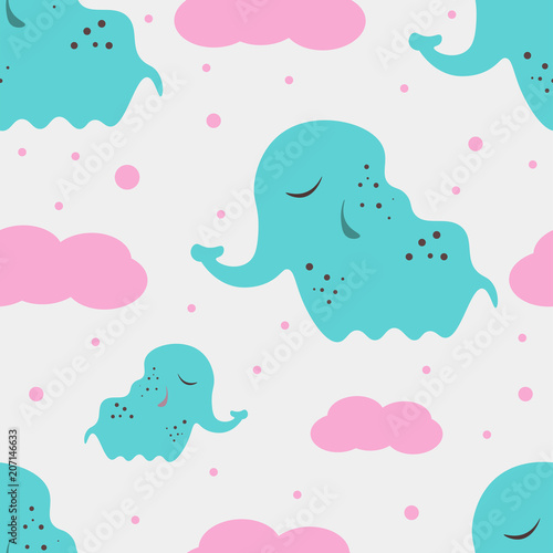 Cute seamless childish pattern for kids in scandinavian style with elephant.