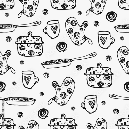 Seamless pattern with kitchen tools : plate, cup, pan. Hand drawn vector ornament.