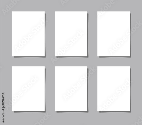six pieces blank sheet of white paper with the shadow