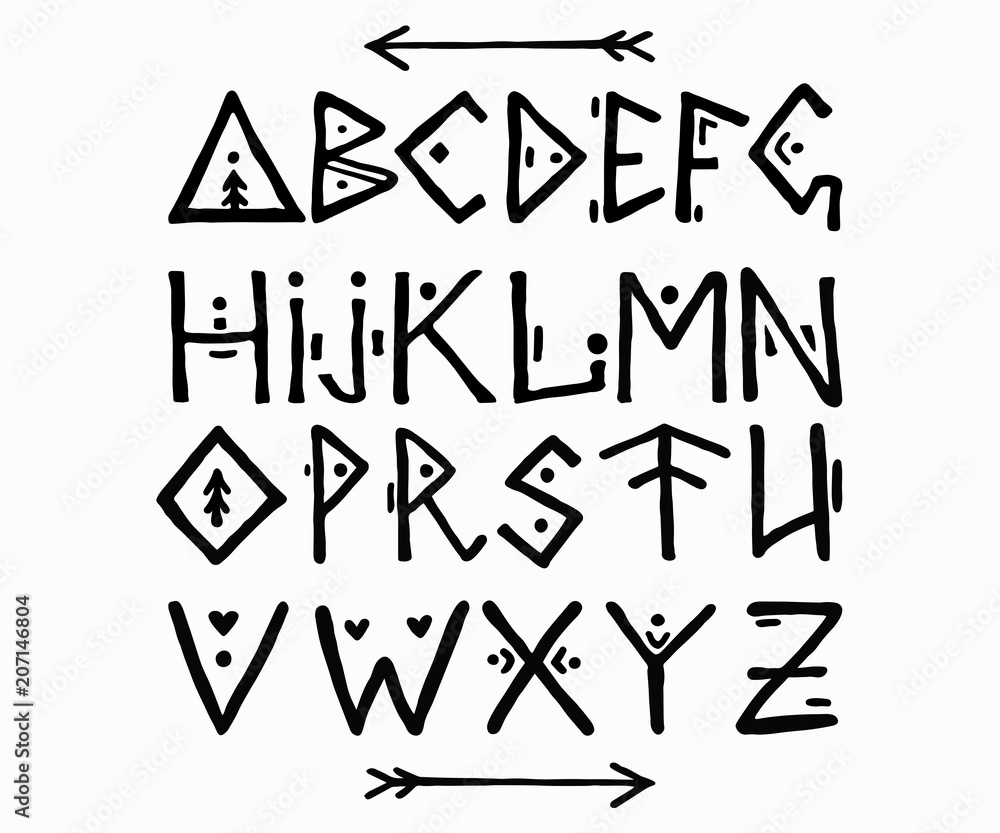 Ethnic font in scandinavian style. ABC hand drawn letters. Ancient calligraphy Ethnic font in scandinavian style. ABC hand drawn letters. Ancient calligraphy