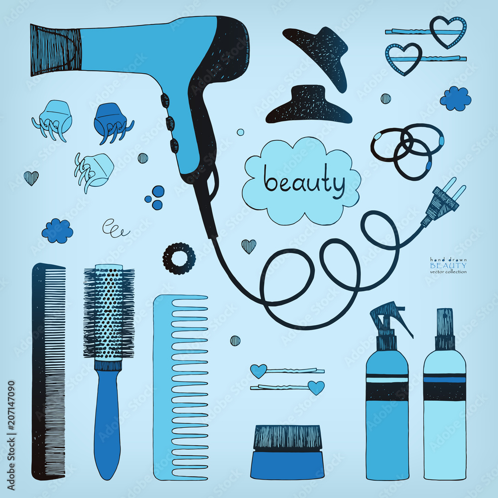Hand drawn set of hair styling. Hair dryer, hairbrushes, sprays and  scrunchy. Salon beauty care. Black line colored sketch on white background.  Doodle style vector items Stock Vector | Adobe Stock