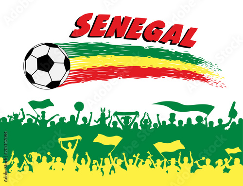 Senegal flag colors with soccer ball and Senegalese supporters silhouettes